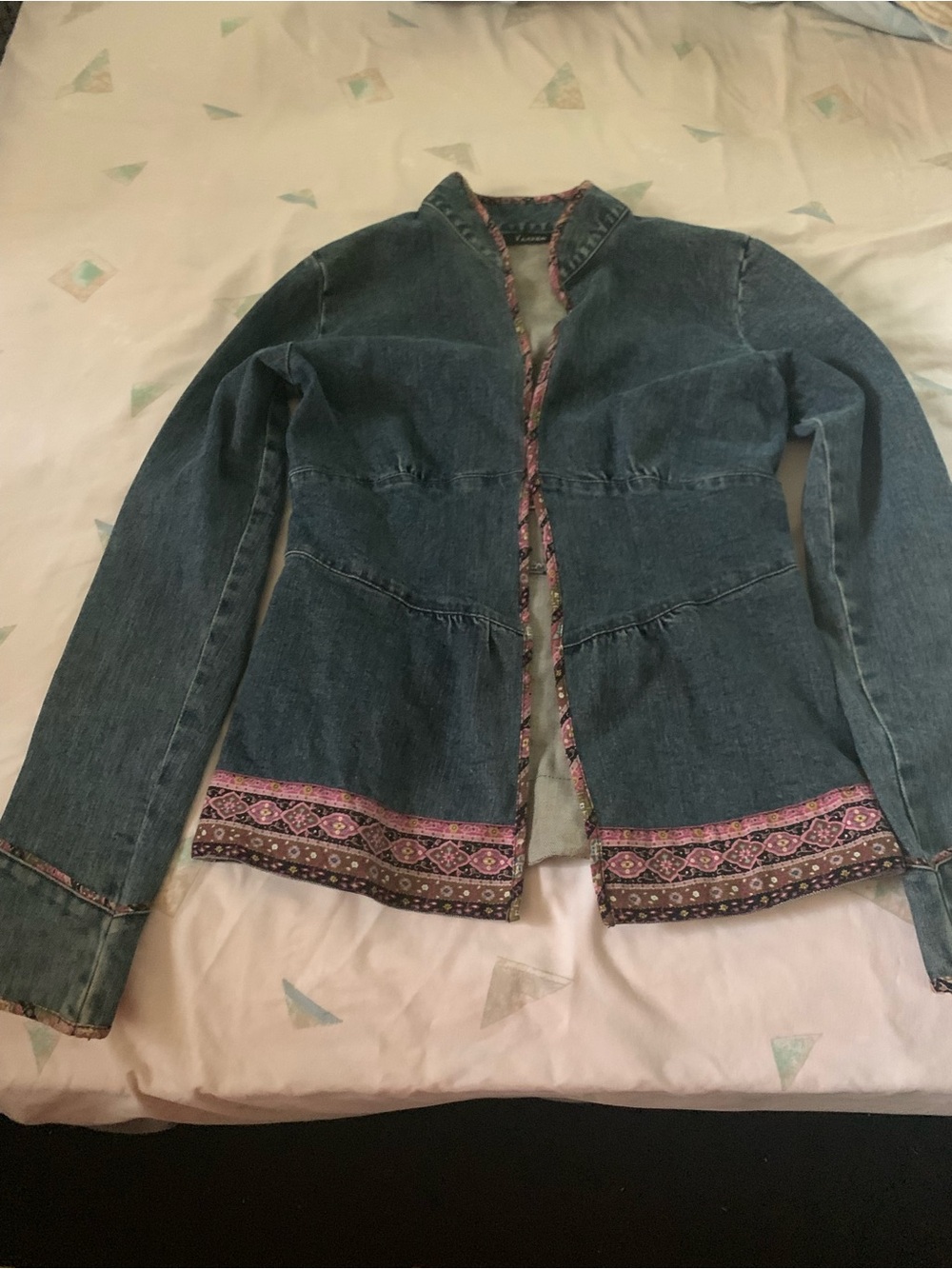 Embroidered Trim Blue Denim Jacket with Pink Accents. Mandarin collar